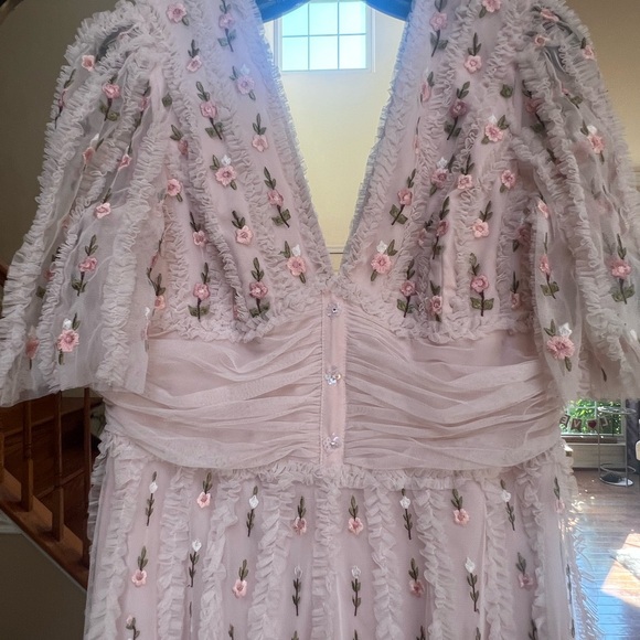 SOLD. Preowned $798 Mac Duggal Floral V Neck Ruffle Empire Waist Gown Blush 10 - Picture 5 of 10